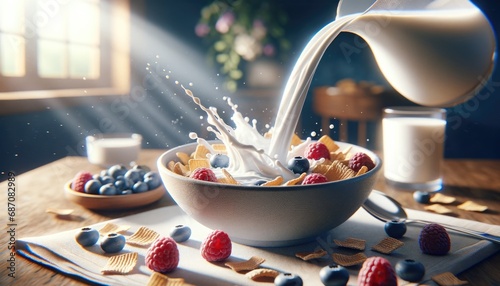 A vibrant bowl of cereal with fresh raspberries and blueberries, captured at the moment milk is poured, creating a lively splash, all bathed in the warm glow of morning light.