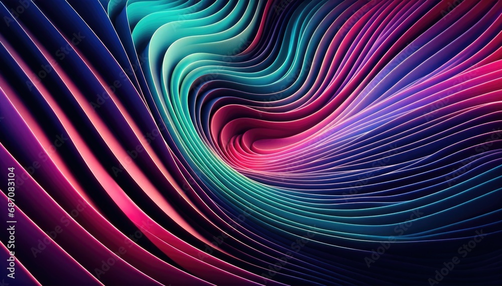 Fototapeta premium Seamless flow of undulating layers transitioning from deep purple through vibrant pink to rich teal, creating a dynamic sense of movement and fluidity.