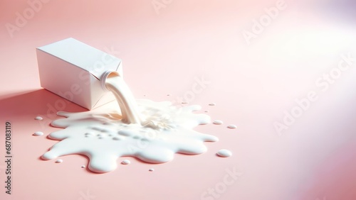 A poignant depiction of an accident turned aesthetic, this image shows a white milk carton tipped over with creamy milk spilled across a soft pink surface. photo
