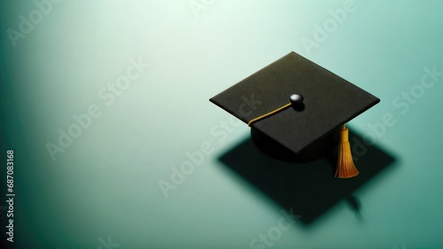 A bold statement of achievement, this image centers on a black graduation cap with a vibrant yellow tassel against a teal backdrop, symbolizing the culmination of education.