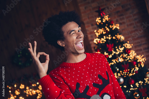 Photo of cool funny guy dressed red ugly x-mas pullover blinking showing okey gesture celebrating new year indoors house room © deagreez