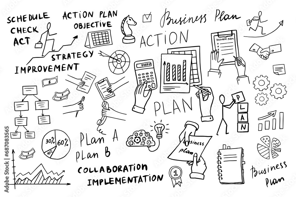 Strategy Lettering Set of hand drawn business elements and lettering. Action plan ...