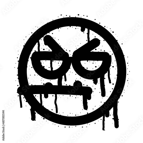 Graffiti grunge face. Cartoon aerosol fun expression. Spray funky paint art with leak and dot. Street art and urban vandalism symbol. Black grungy spill character isolated on white
