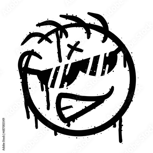 Graffiti grunge face. Cartoon aerosol fun expression. Spray funky paint art with leak and dot. Street art and urban vandalism symbol. Black grungy spill character isolated on white