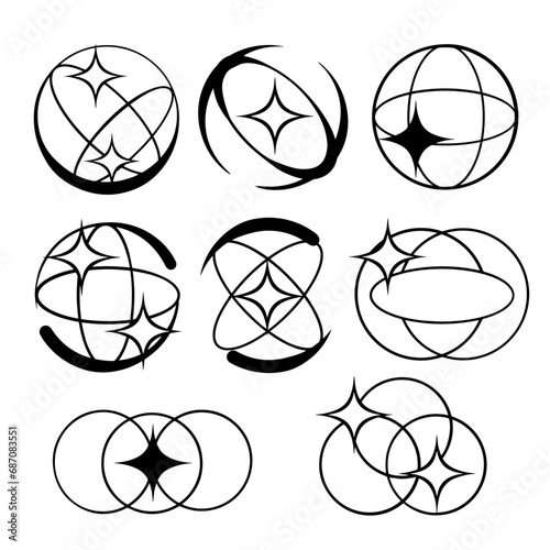 Y2K stars, starburst and retro futuristic graphic set. Collection of Trendy brutal rounded ring collection