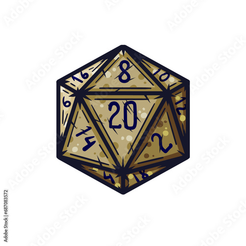 Dice d20 for playing Dnd. Dungeon and dragons board game. Cartoon outline drawn illustration