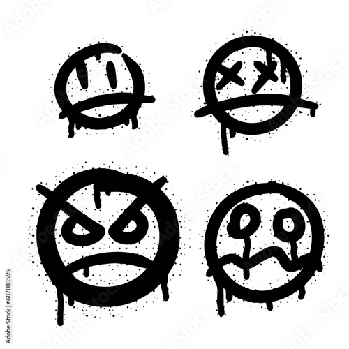 Graffiti grunge face. Cartoon aerosol fun expression. Spray funky paint art with leak and dot. Street art and urban vandalism symbol. Black grungy spill character isolated on white