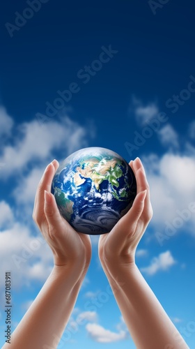 Hands holding planet Earth globe on sky background. Ecological awareness  global peace  and harmonious life without conflict and war. Environmental stewardship and a peaceful coexistence concept.