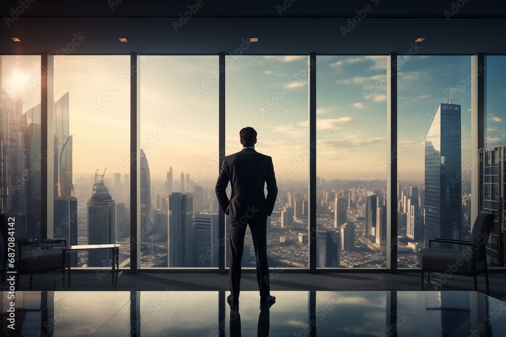 Businessman standing in office room and watch downtown