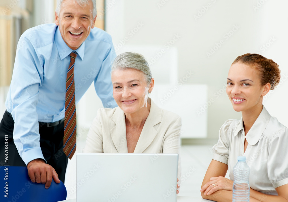 Fototapeta premium Portrait, happy team and ceo on laptop in business meeting together, collaboration or cooperation. Senior face, group and professional financial consultants on computer, manager and people in office