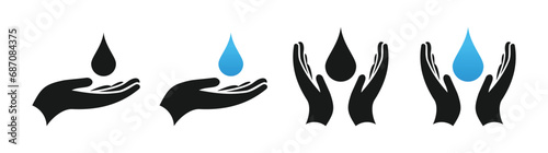 Drop of water in hand icons set, Hands holding water drop icon, Save water vector sign