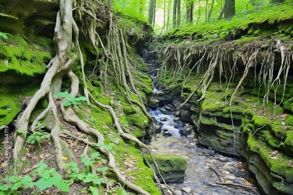 Tree with roots growing over rocks next to waterfall river in the green forest