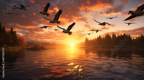 A flock of ducks flying over a lake