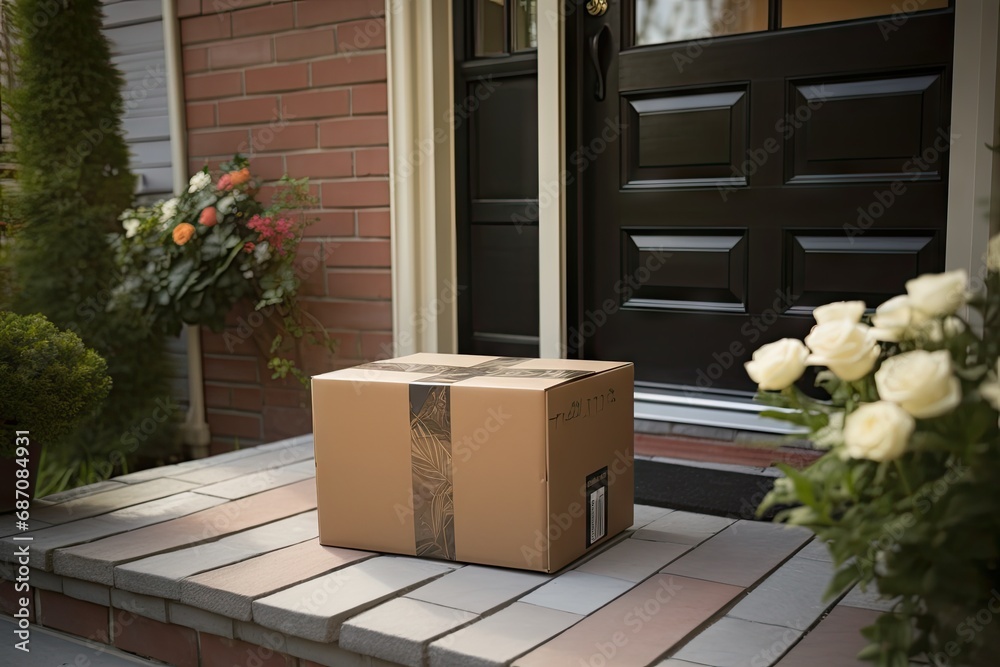 Convenient home delivery. Person delivering brown cardboard box to front door of house. Online shopping experience. Doorstep of parcel conveniently shipped and ready for unboxing Convenient home delivery. Person delivering brown cardboard box to front door of house. Online shopping experience. Doorstep of parcel conveniently shipped and ready for unboxing