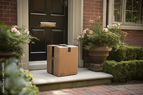 Convenient home delivery. Person delivering brown cardboard box to front door of house. Online shopping experience. Doorstep of parcel conveniently shipped and ready for unboxing photo