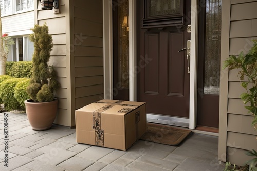 Convenient home delivery. Person delivering brown cardboard box to front door of house. Online shopping experience. Doorstep of parcel conveniently shipped and ready for unboxing