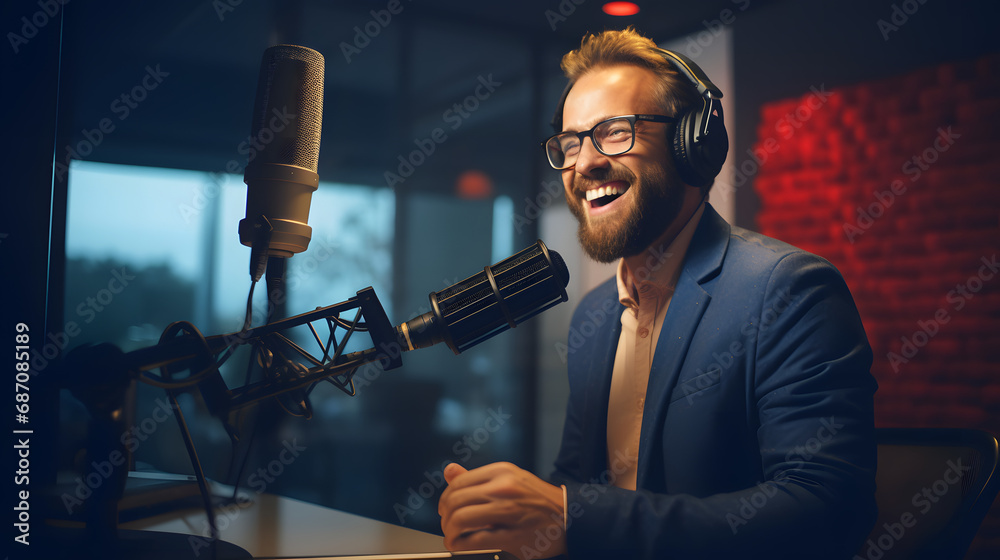 Happy radio presenter speaking into a microphone in a studio. generative ai. - obrazy, fototapety, plakaty 
