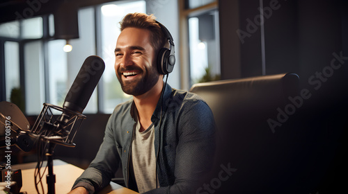 Happy radio presenter speaking into a microphone in a studio. generative ai. photo