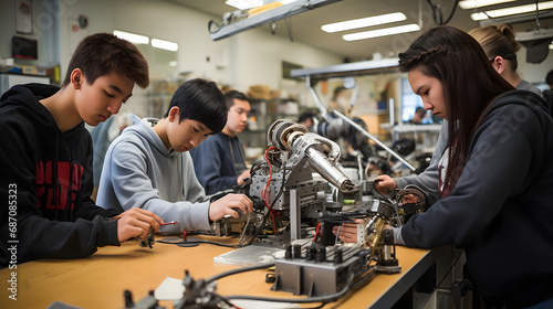 High school students working on a robotic arm in class. generative ai.