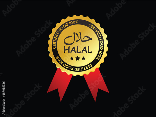 Golden certified halal food icon with red ribbon, halal food sign vector,Halal food product label