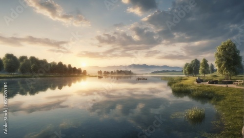 Peaceful dawn landscape with reflection on lake, trees, and sky 