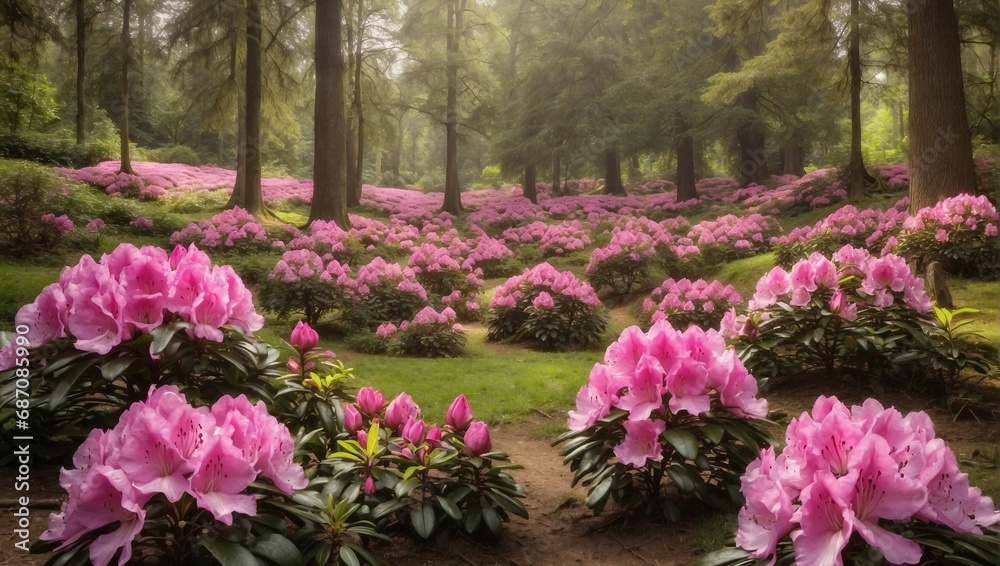 a field of pink flowers in the middle of a forest
