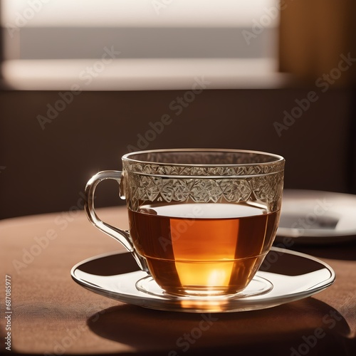 Glass cup of tea on a table, brown tablecloth