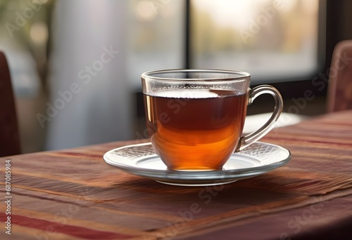 Glass cup of tea on a table, brown tablecloth