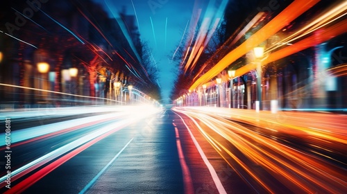 Nighttime Metropolis. Luminous Trails of Car Lights and Street Lamps Painting Blurred Cityscapes