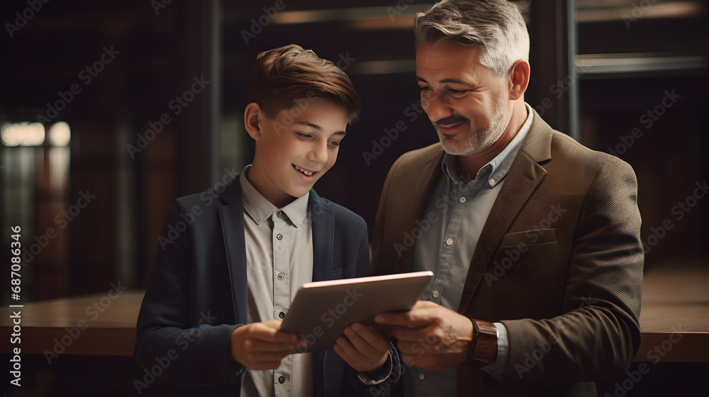 Male teacher talking to his student while holding a digital tablet. generative ai.