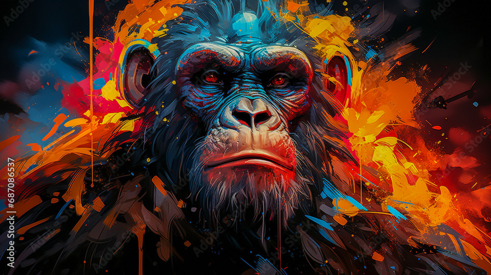portrait of a gorilla with a colorful splash