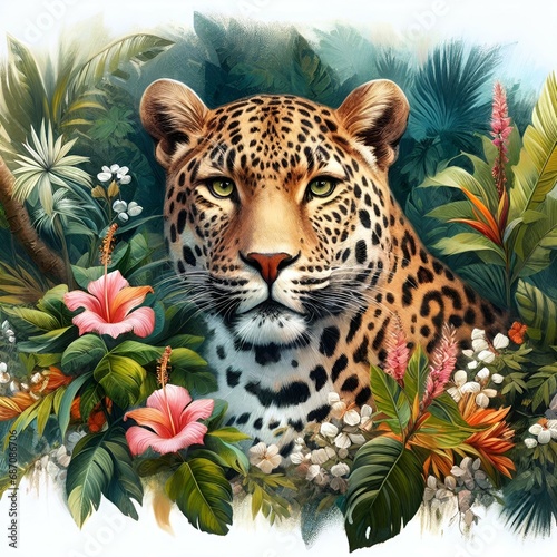 Generative AI a leopard surrounded by tropical plants and  flowers