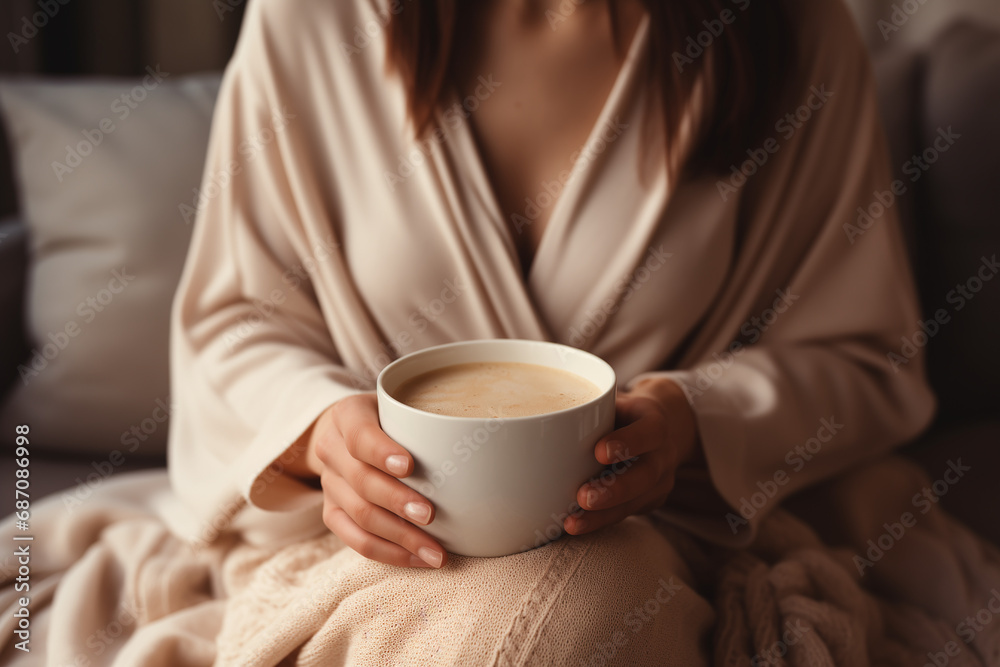 Woman wearing a bathrobe and holding a cup of coffee. Drink at morning. A girl in a cozy house drinks a hot drink. Woman wearing a bathrobe and holding a cup of coffee. Drink at morning. A girl in a cozy house drinks a hot drink.