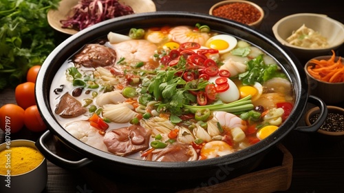 a pot of bubbling hotpot broth, with an assortment of ingredients arranged neatly around it, creating a colorful and appetizing display on a clean white surface.
