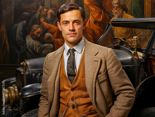 portrait of a man in a 1920s suit with car in the background