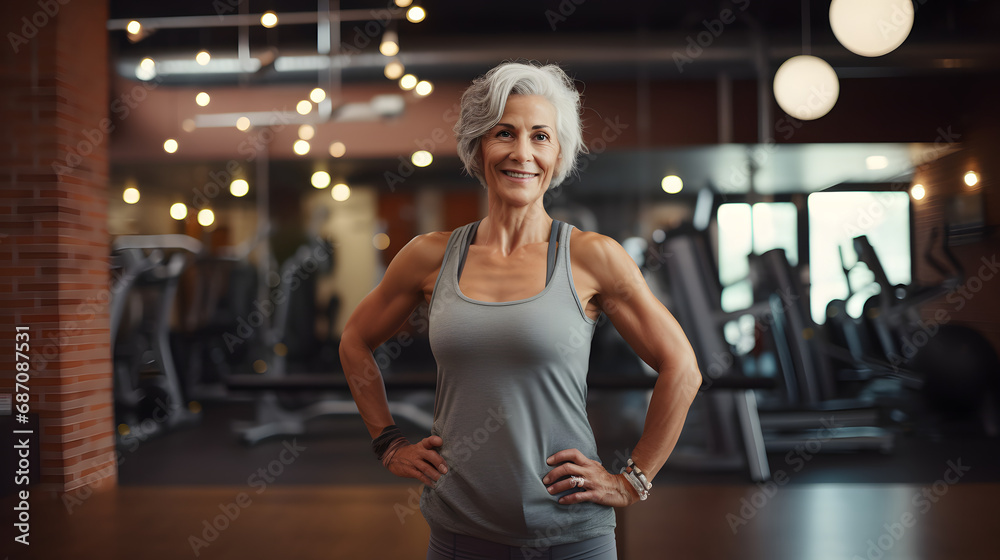 Fototapeta premium Mature woman standing in a fitness studio. generative ai.