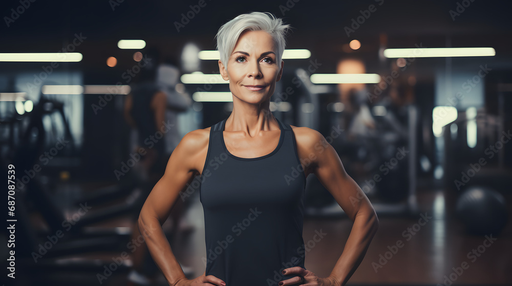 Mature woman standing in a fitness studio. generative ai. Mature woman standing in a fitness studio. generative ai.