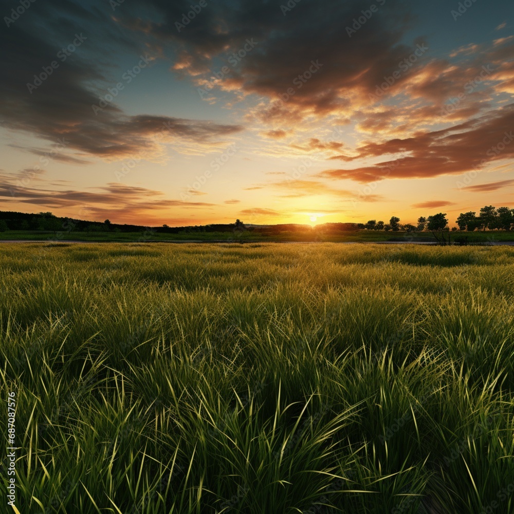 Grass Field at Sunset
