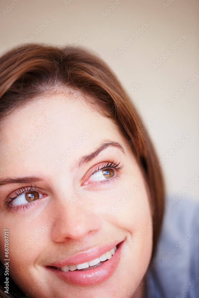 Woman, thinking and smile or closeup happy weekend rest, lazy holiday nap or calm peace. Female person, relax and thoughts for wellness cozy or comfort idea on vacation, morning break in apartment