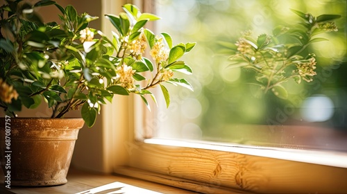 A plant in a ceramic pot on a wooden windowsill. Spring. Warm lighting. Wallpaper, background