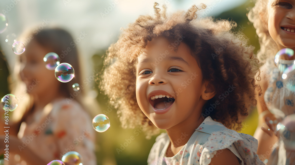 Multi-ethnic group of little friends with toothy smiles on their faces enjoying warm sunny day while participating in soap bubbles show. generative ai. Multi-ethnic group of little friends with toothy smiles on their faces enjoying warm sunny day while participating in soap bubbles show. generative ai.