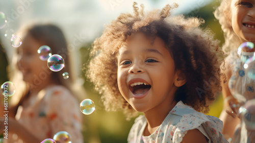 Multi-ethnic group of little friends with toothy smiles on their faces enjoying warm sunny day while participating in soap bubbles show. generative ai.