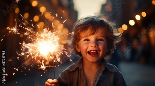 Portrait of a kid with a sparkler in hand. Close-up of a happy child celebrating Christmas outdoors with a flamed Bengal light. Caucasian smiling boy with a bright sparkler looking at camera.