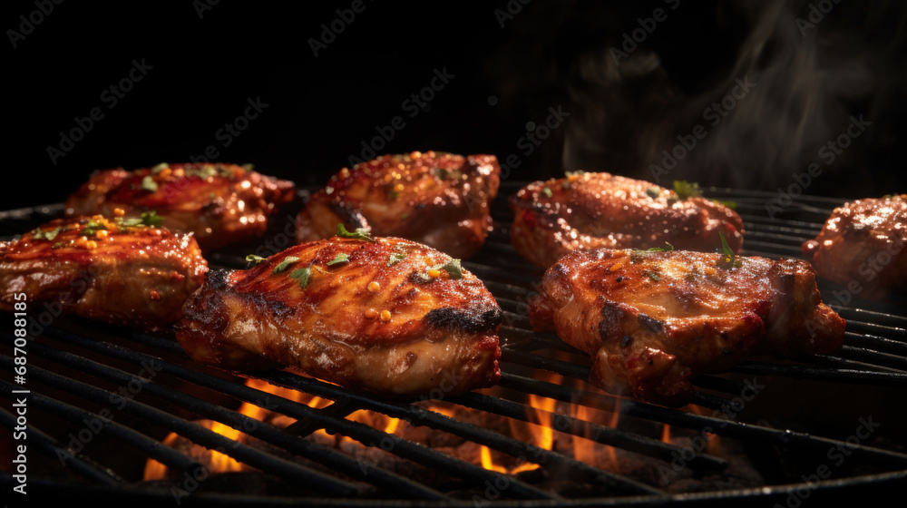 Grilled pork chops on the grill with flames on black background.