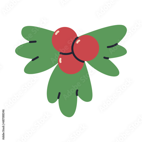 Red holly berries with leaves vector cartoon illustration.