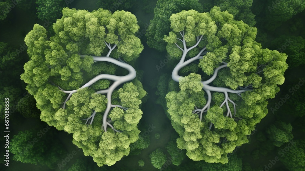 Forest shaped like human anatomical lungs, symbolizing the essence of air generated by trees, ecological balance, and the metaphorical concept that forests are the Earth's lungs.