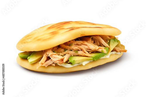 Savory Venezuelan Arepa 'Reina Pepiada' with Chicken and Avocado on White Background