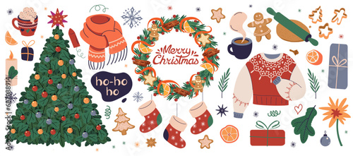 Big Christmas set of festive cozy elements. Xmas ornament, gifts, candles and gingerbread bundle.