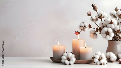 Generative AI burning candles and cotton flowers on a pale background 