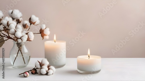 Generative AI burning candles and cotton flowers on a pale background 